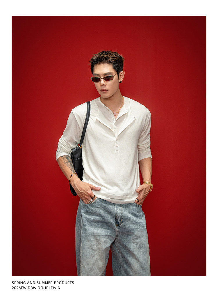 Faux Two-Piece Henley-Neck Shirt