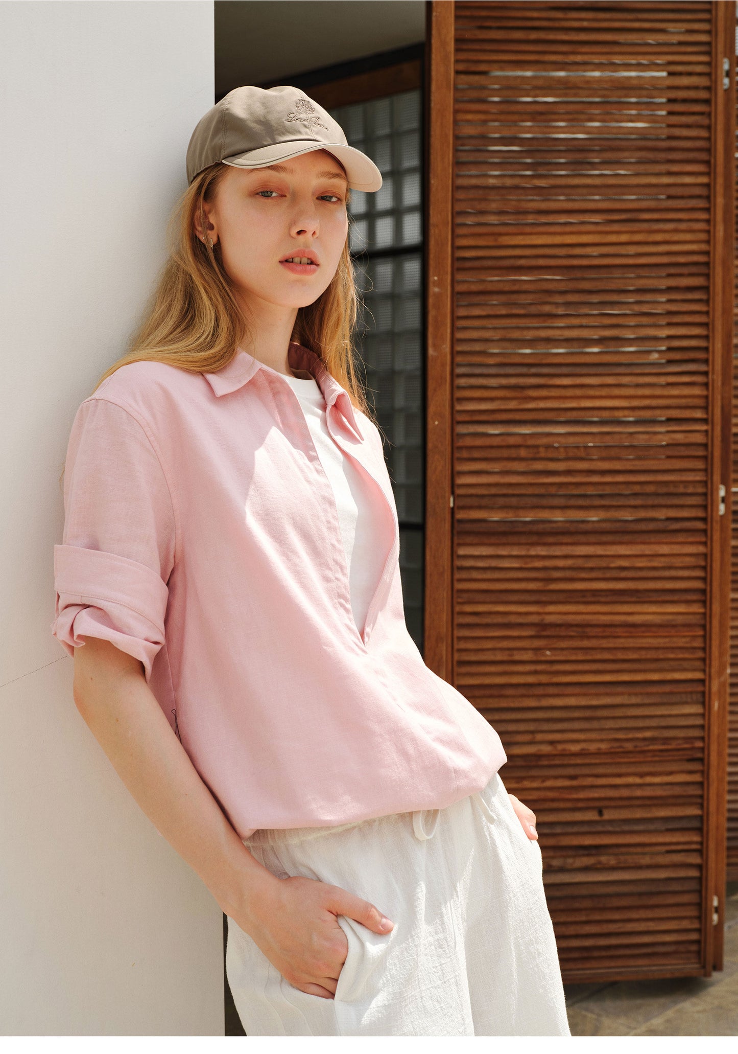 Deep V-Neck Faux Two-Piece Roll-Sleeve Shirt