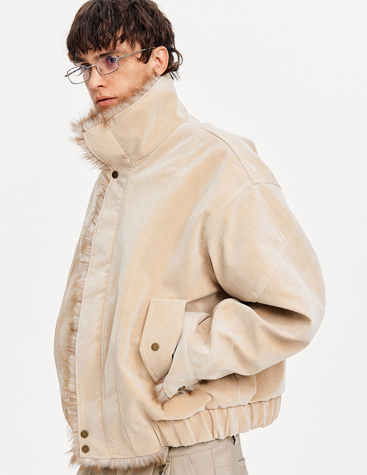 Faux Suede Stand Collar Unisex Jacket