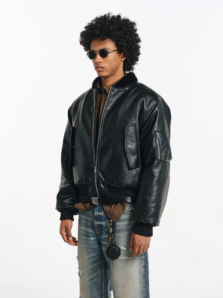 Stand collar faux leather jacket