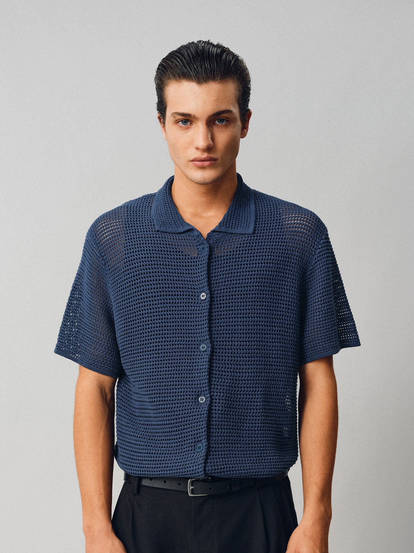 Hollow-knit Button-Down Shirt