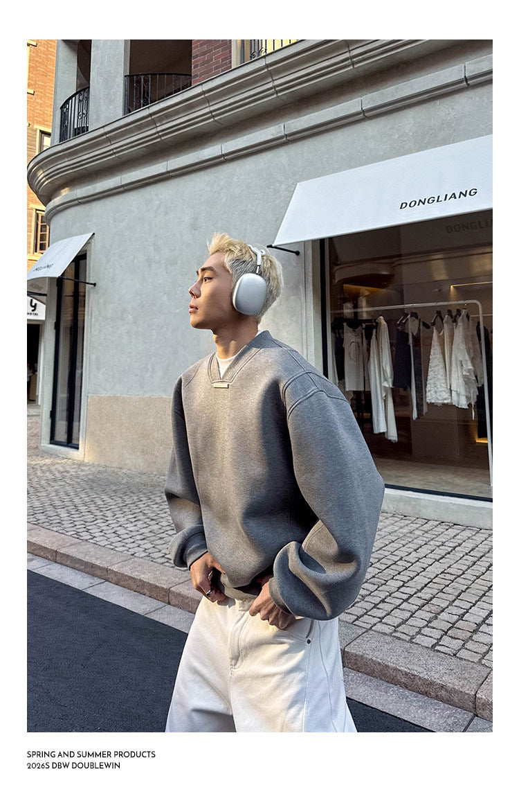 Wide-Shoulder Airy V-Neck Sweatshirt