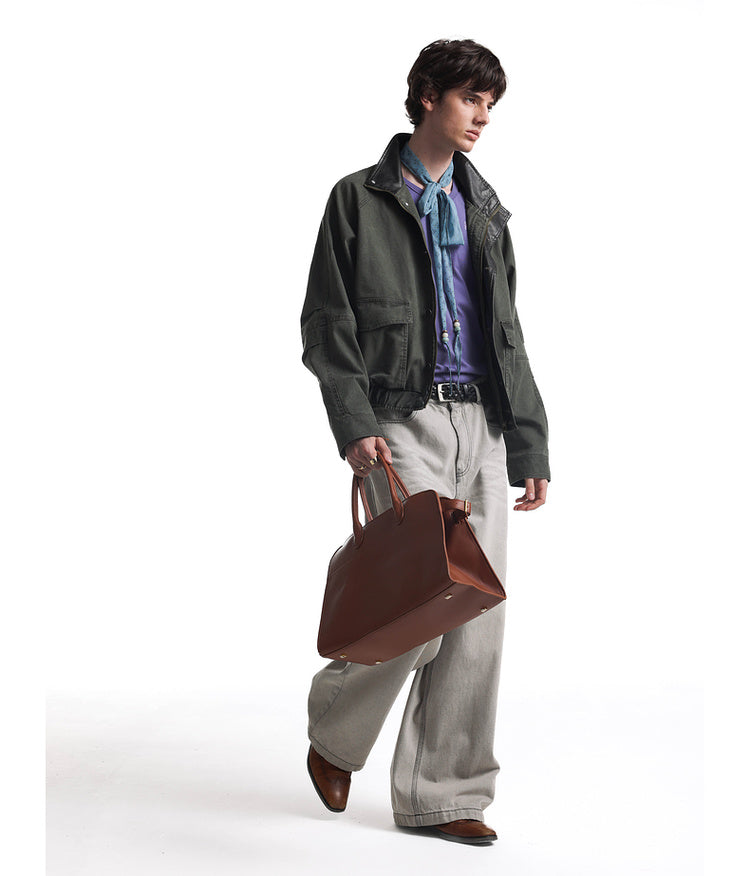 Leather collar short flight jacket