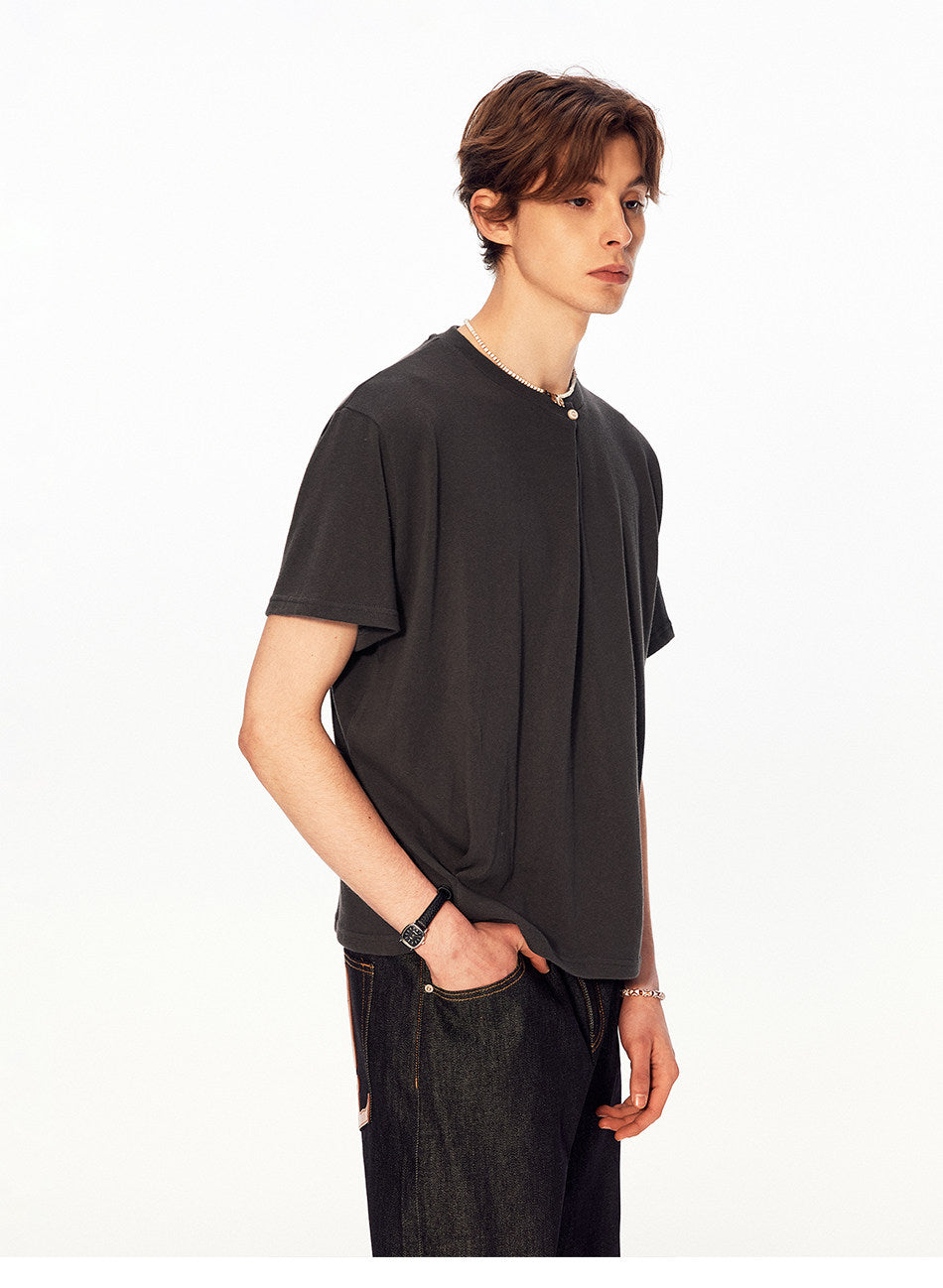 Single-Button Loose-Fit Casual T-Shirt
