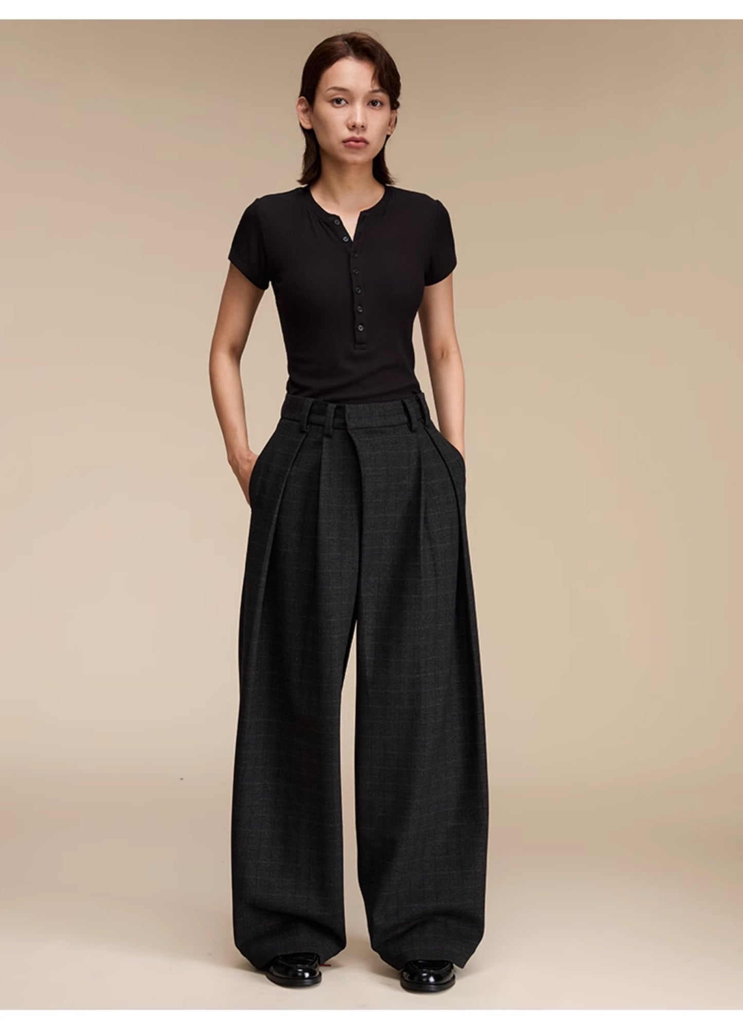 Retro Check Pattern Wide Leg Casual Pants