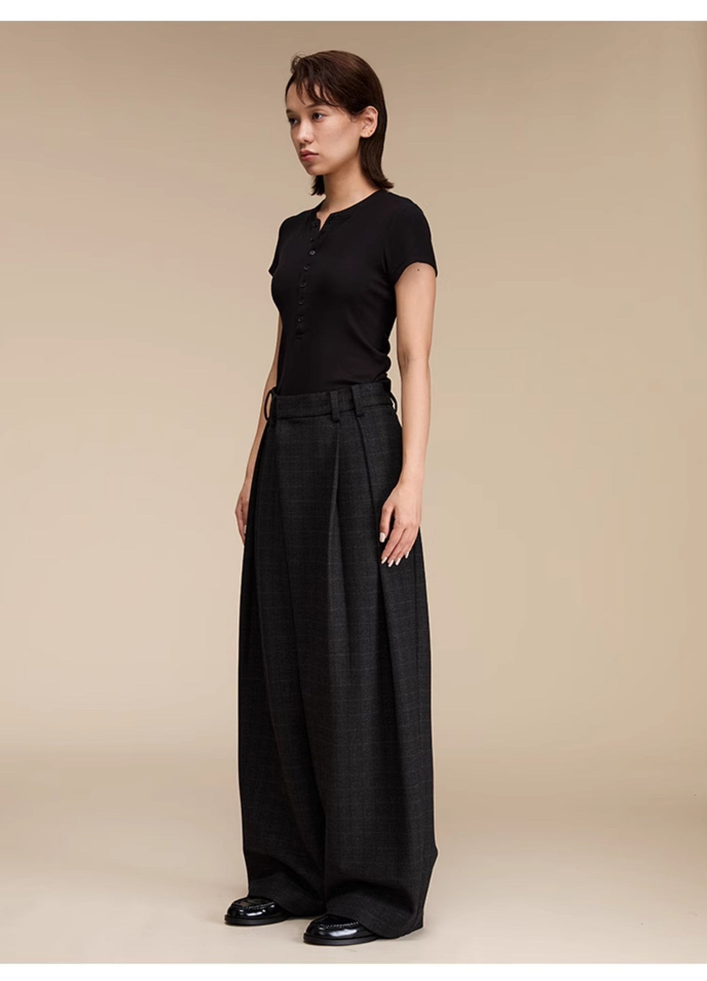 Retro Check Pattern Wide Leg Casual Pants