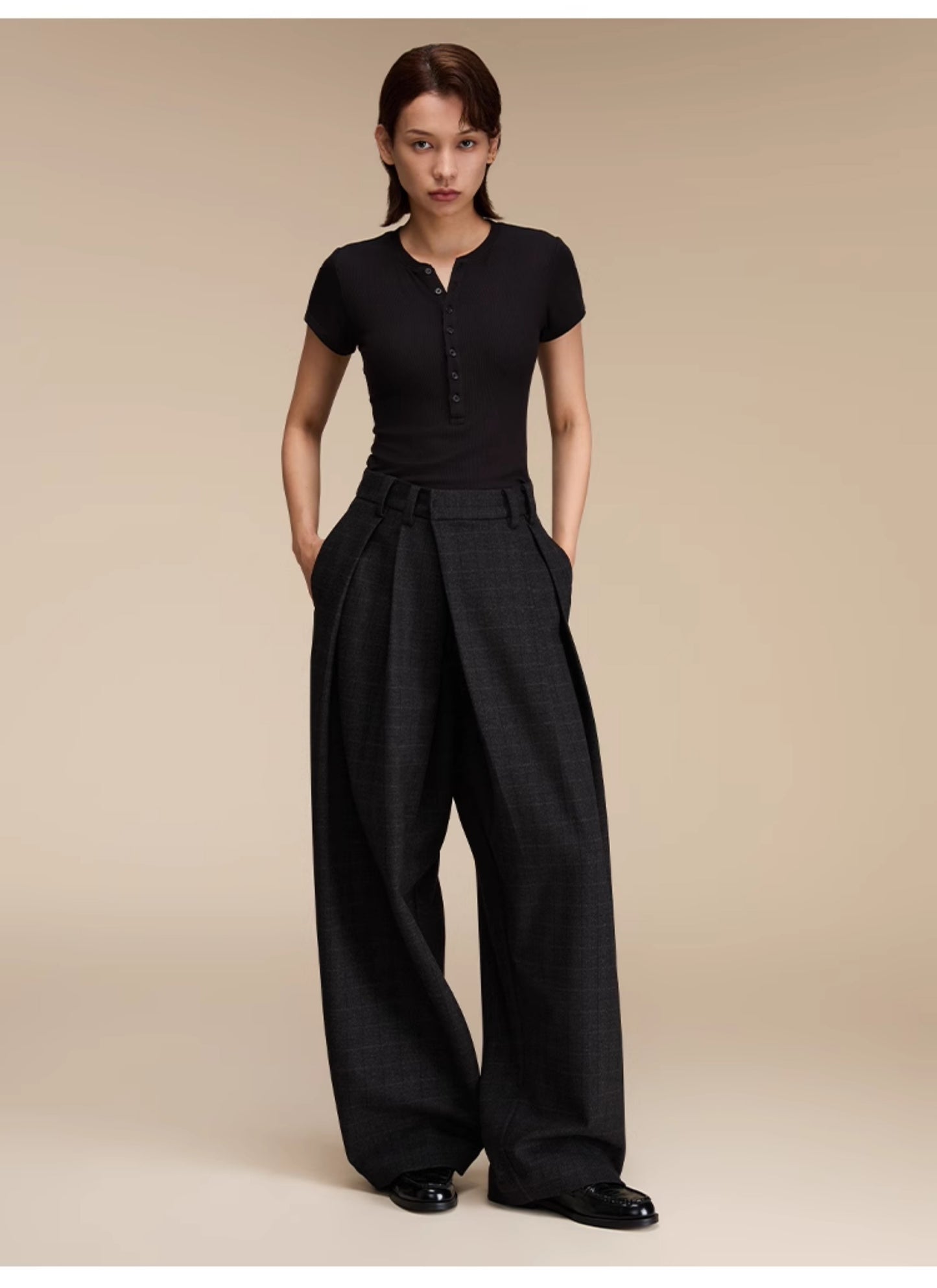 Retro Check Pattern Wide Leg Casual Pants