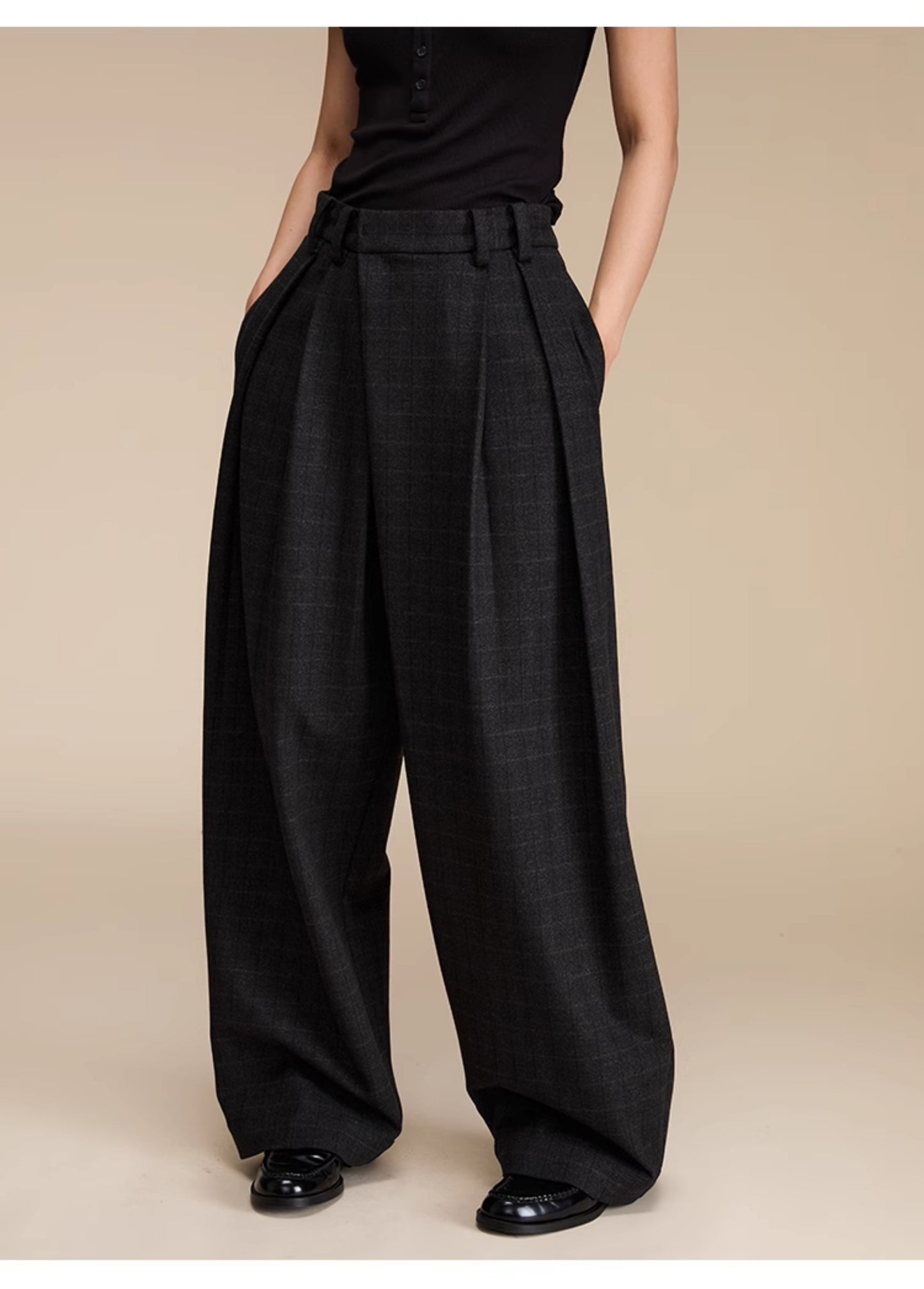 Retro Check Pattern Wide Leg Casual Pants