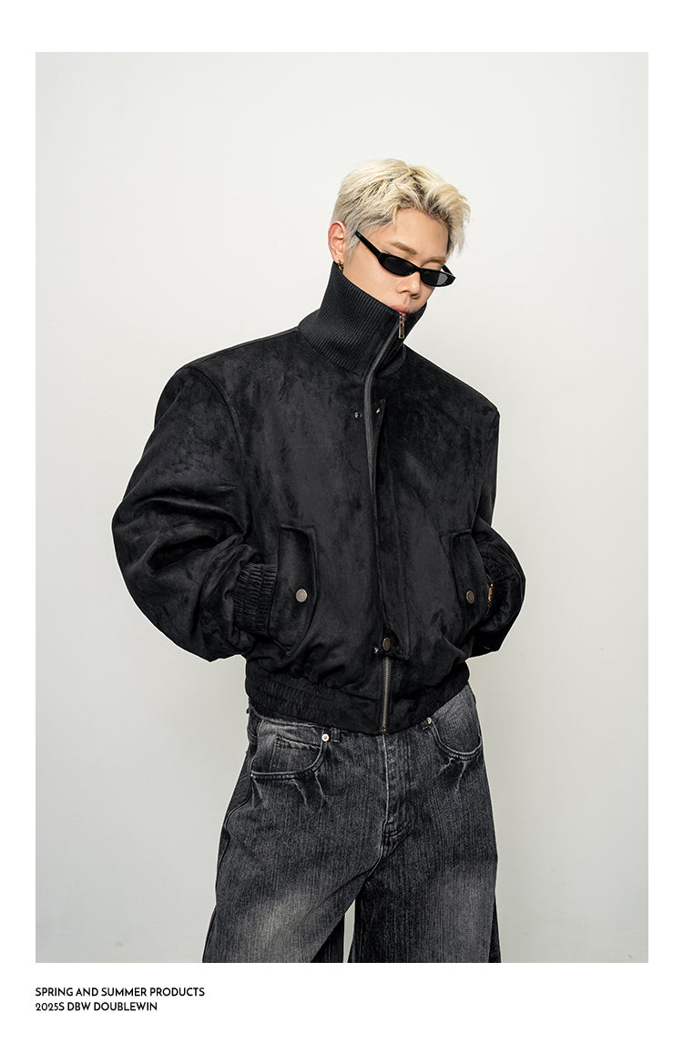 Suede Rib High-Neck Short Jacket