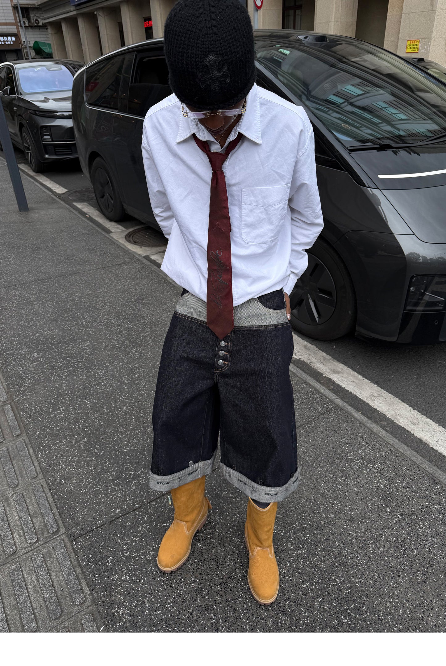 Button-down denim shorts