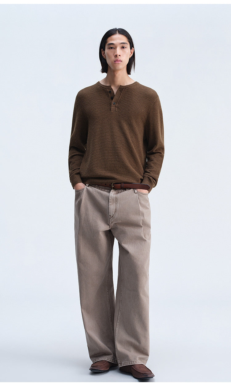 Henry-Collar Button-Down Shirt