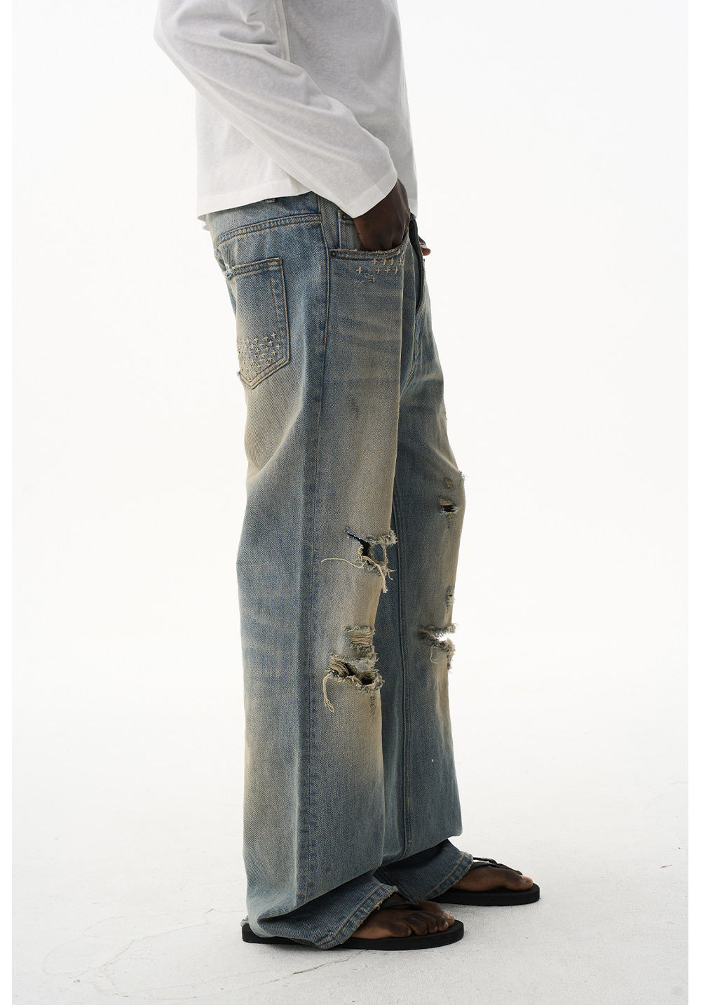 Ripped-hole Relaxed Micro-Flared Jeans