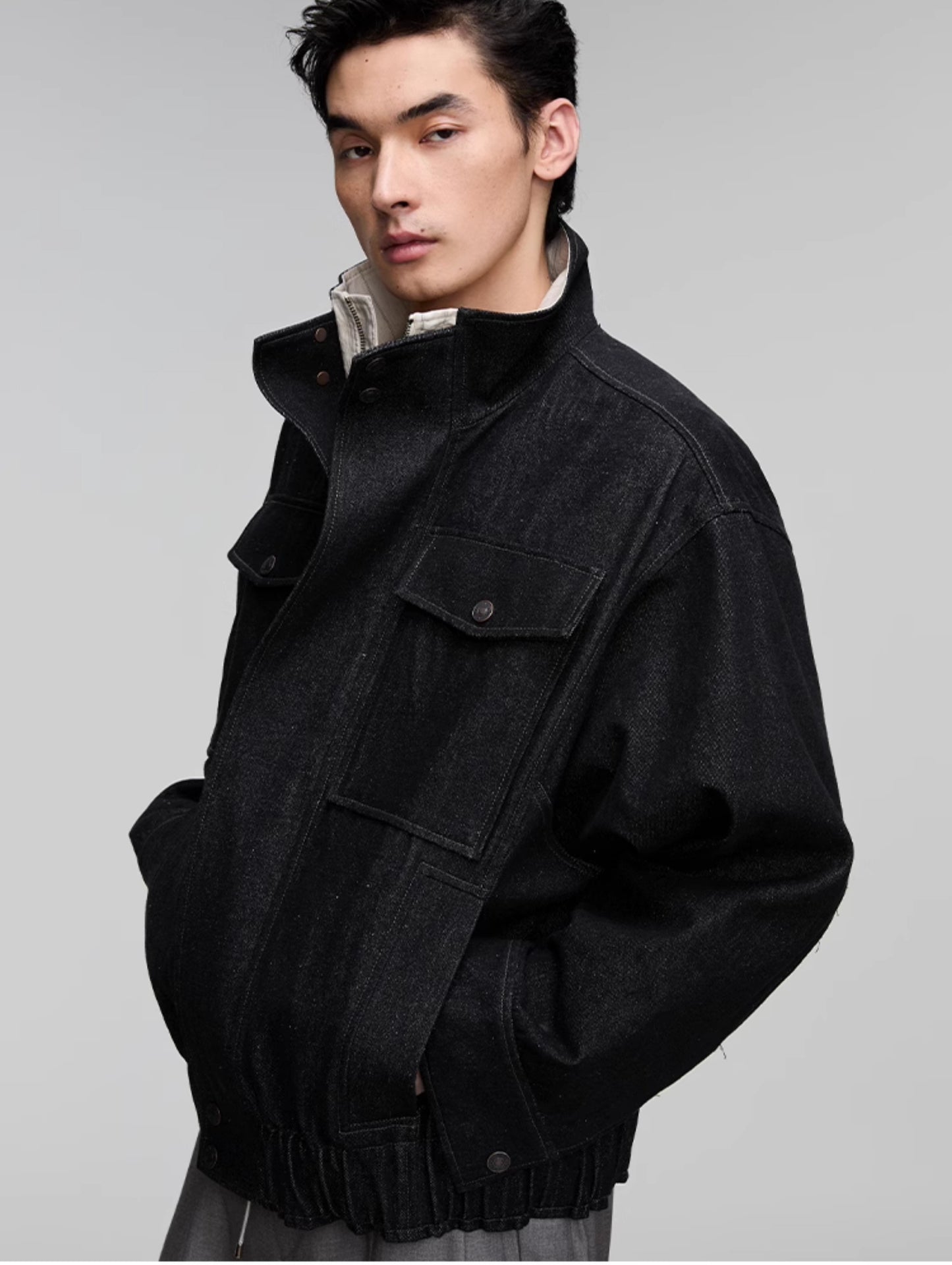 Stand collar patch pocket denim jacket