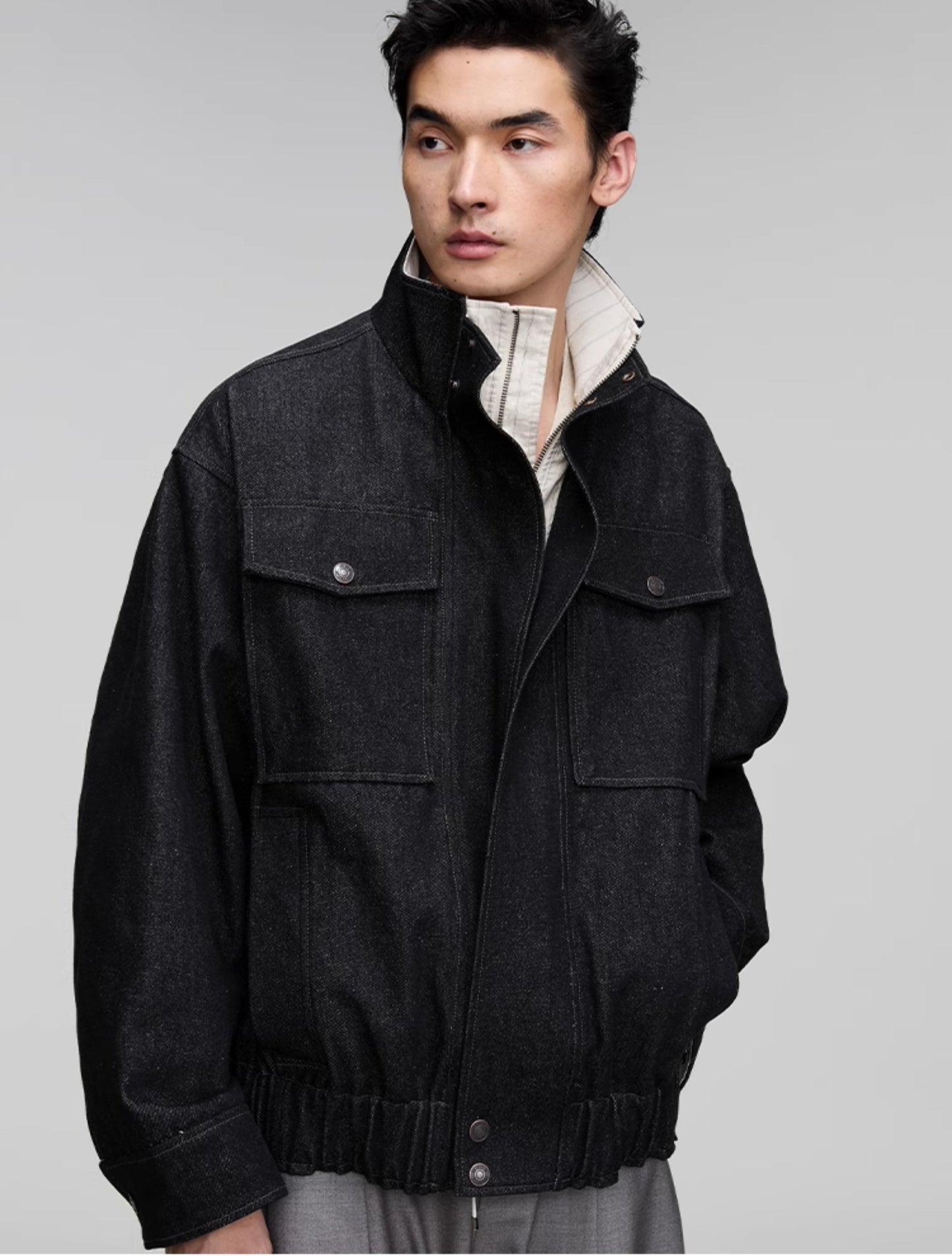 Stand collar patch pocket denim jacket