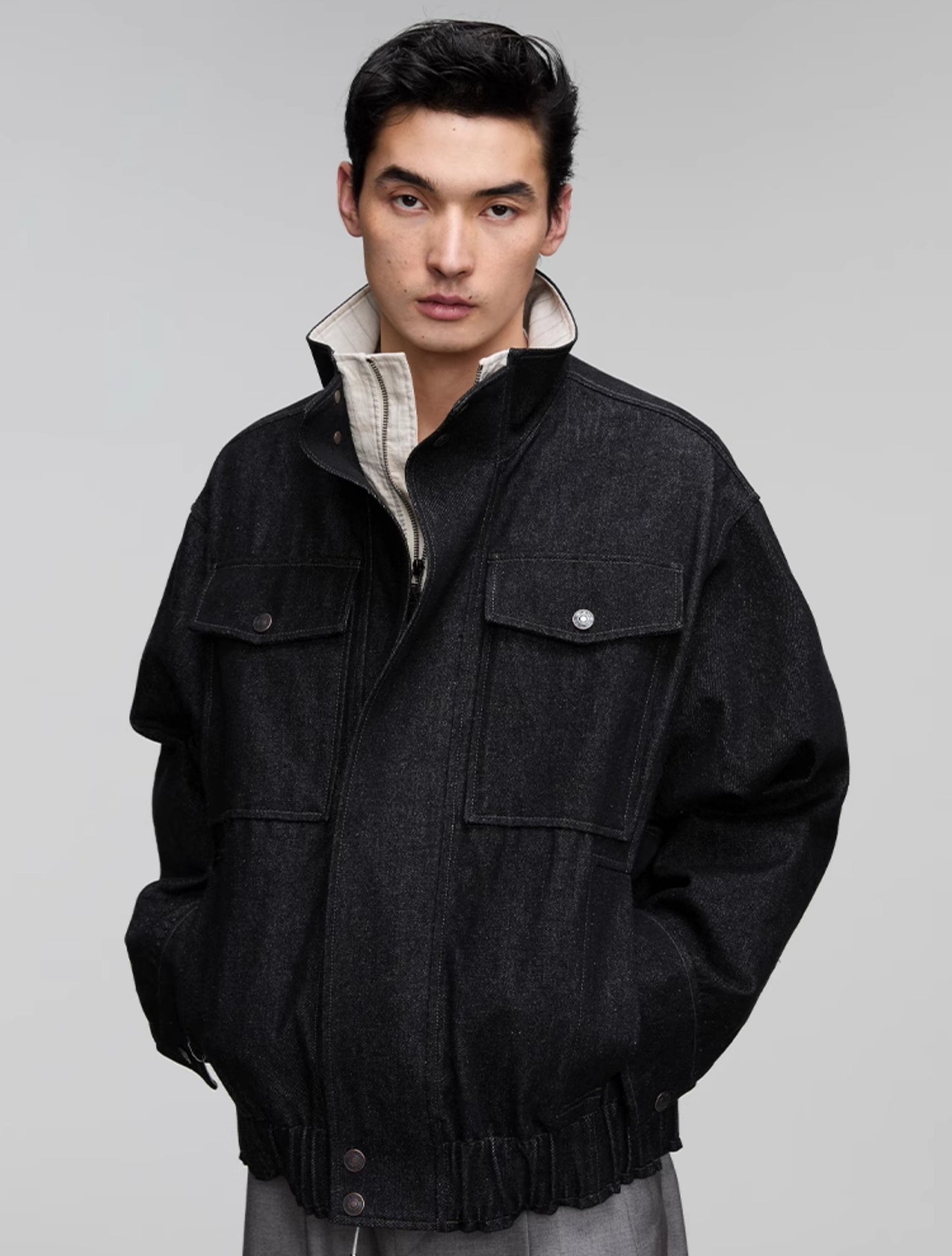 Stand collar patch pocket denim jacket