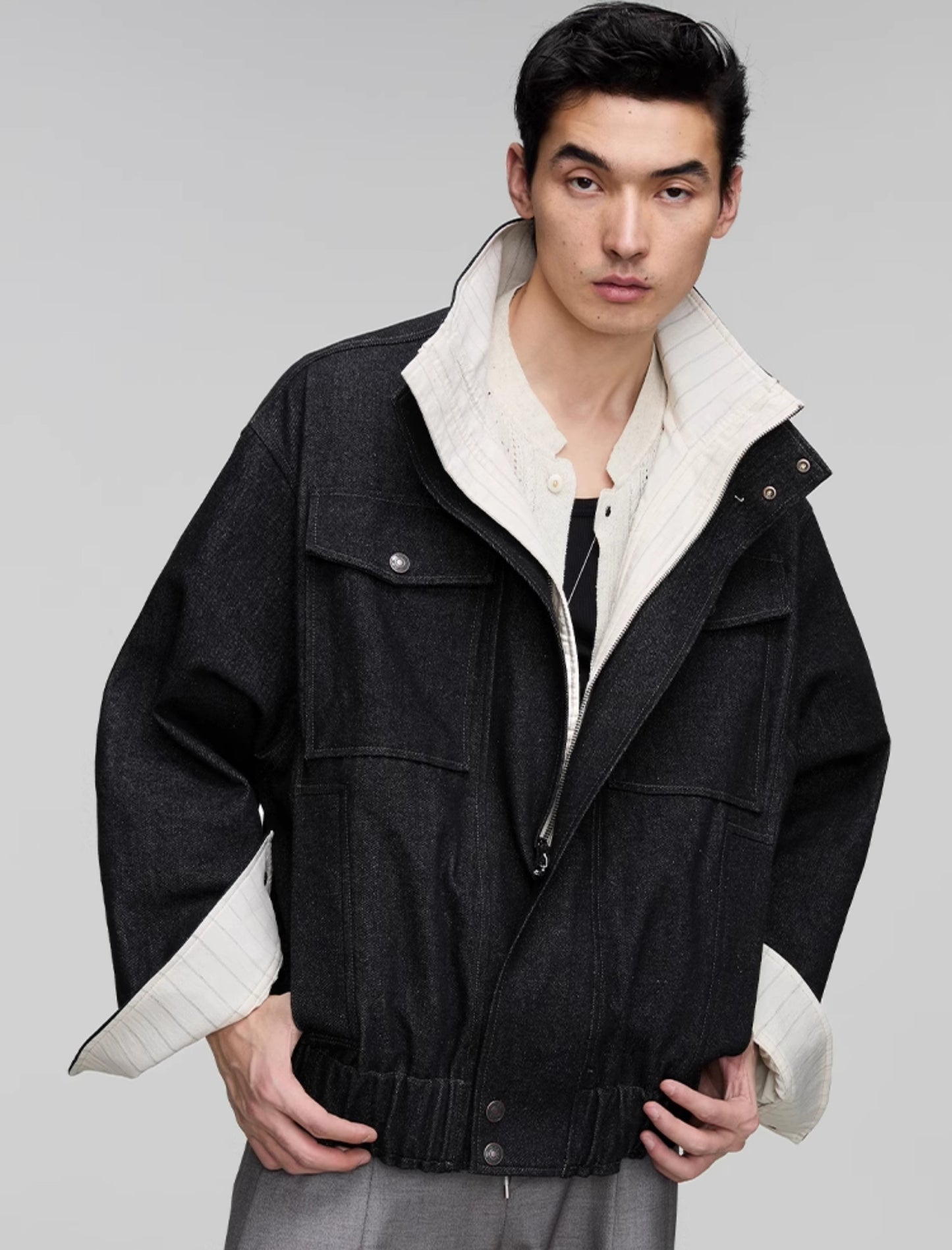 Stand collar patch pocket denim jacket