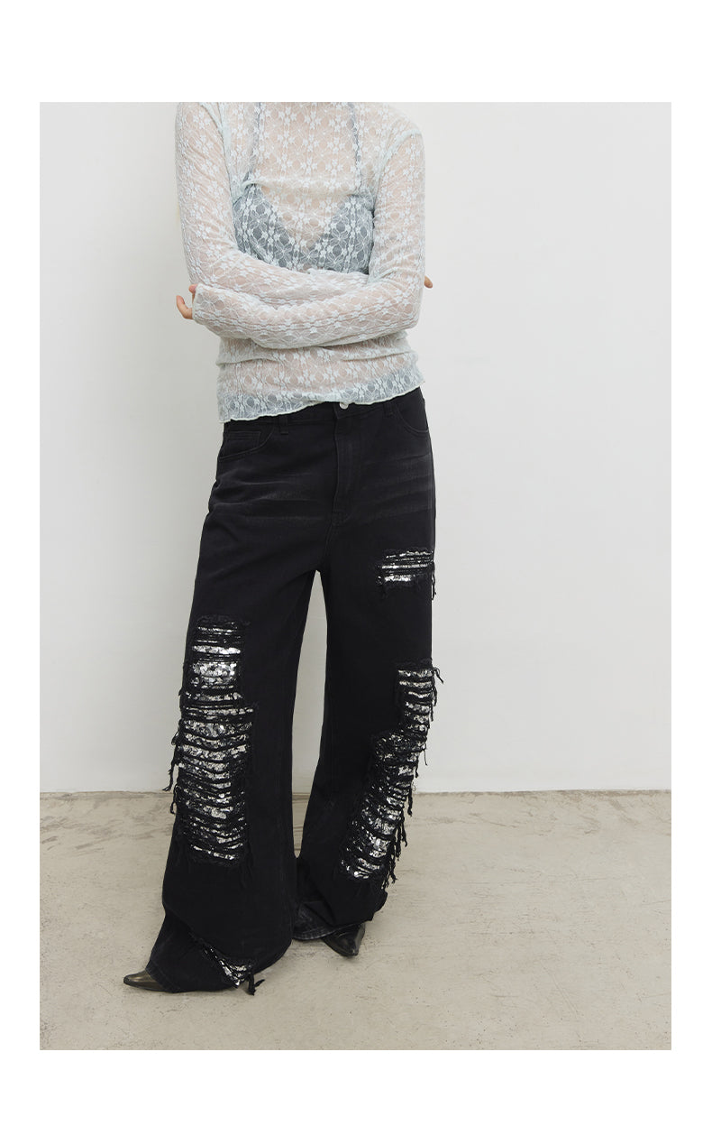 Washed Sequined Ripped Jeans