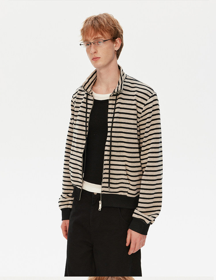 Striped Stand Collar Zipper Cardigan