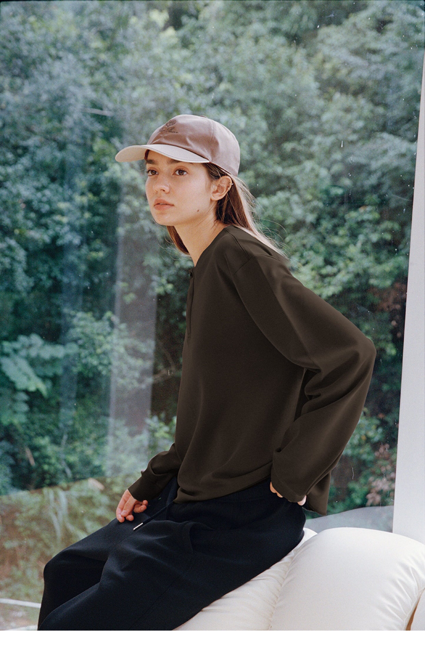 Single-button henley-neck T-shirt