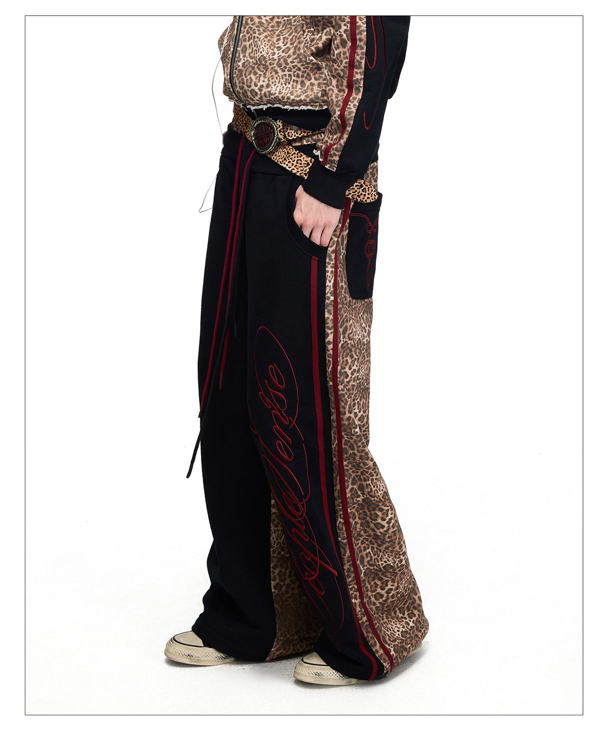 Leopard-Print Patchwork Double-Waist Sweatpants