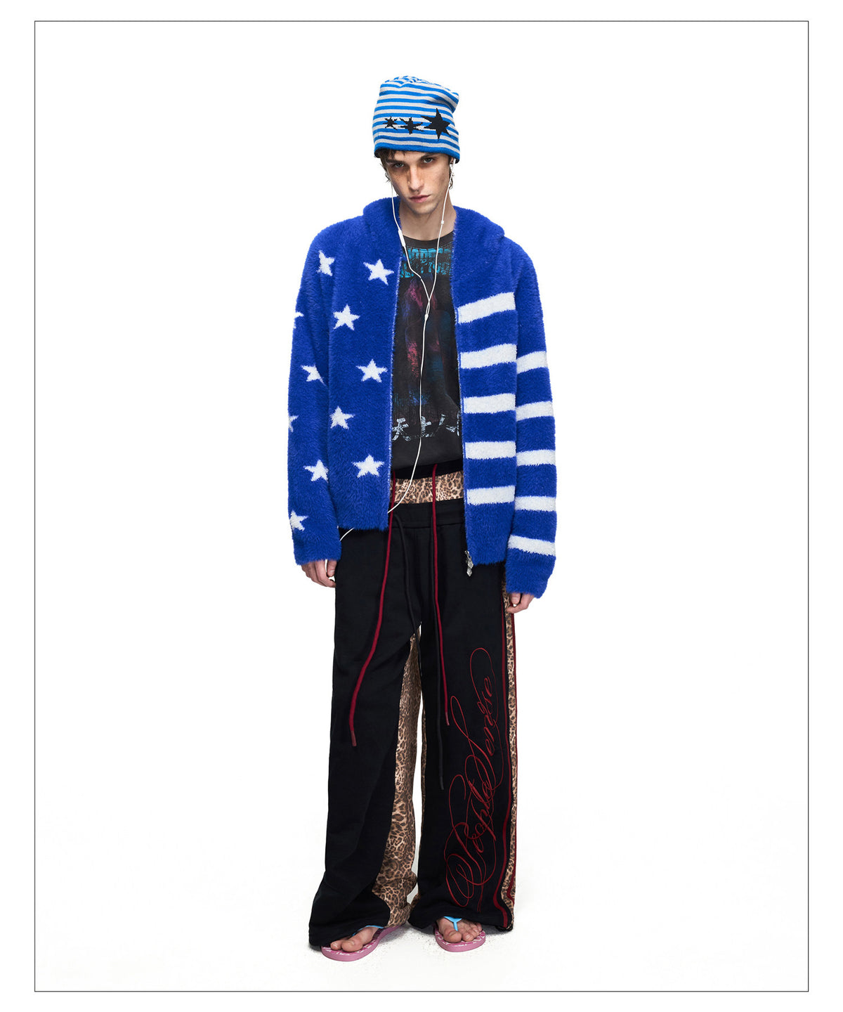 Leopard-Print Patchwork Double-Waist Sweatpants
