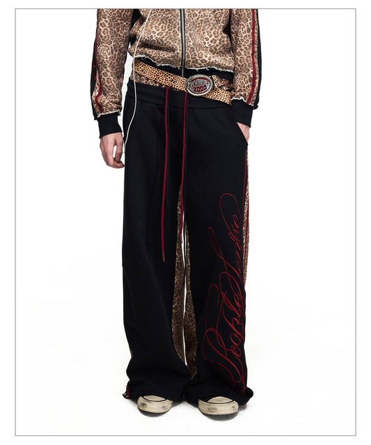 Leopard-Print Patchwork Double-Waist Sweatpants