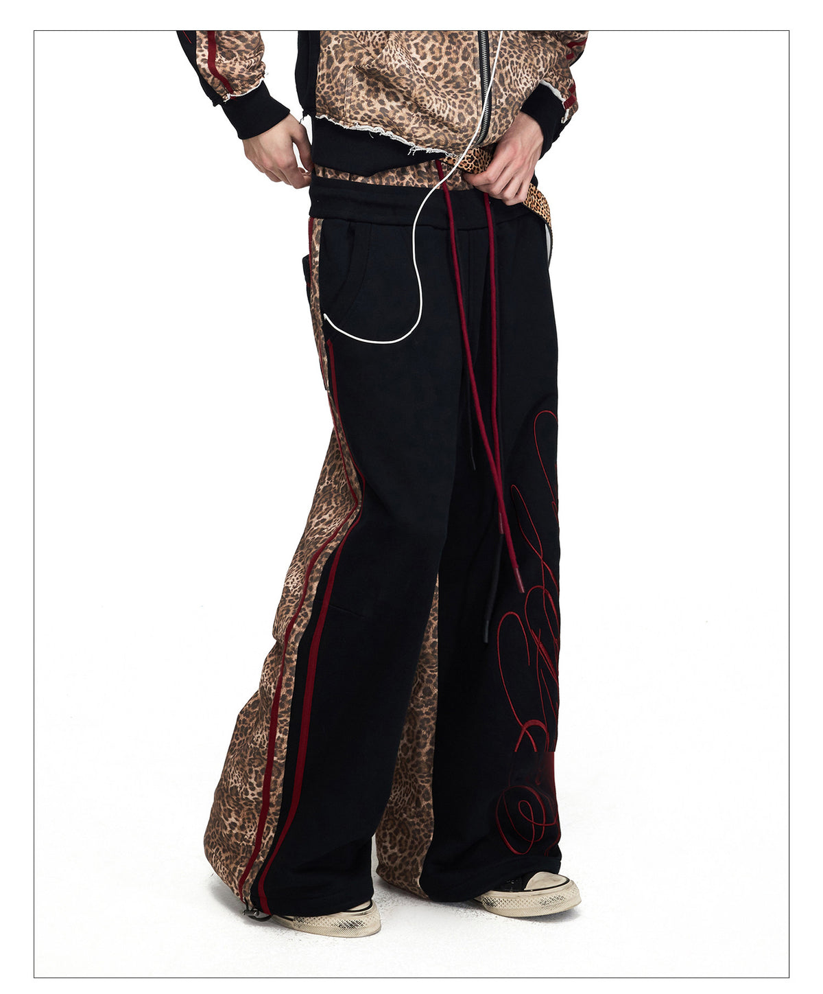 Leopard-Print Patchwork Double-Waist Sweatpants
