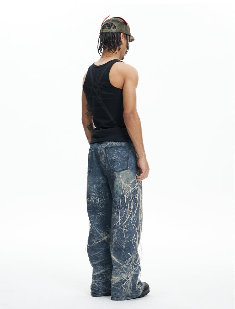 Embroidered Digital Print Jeans