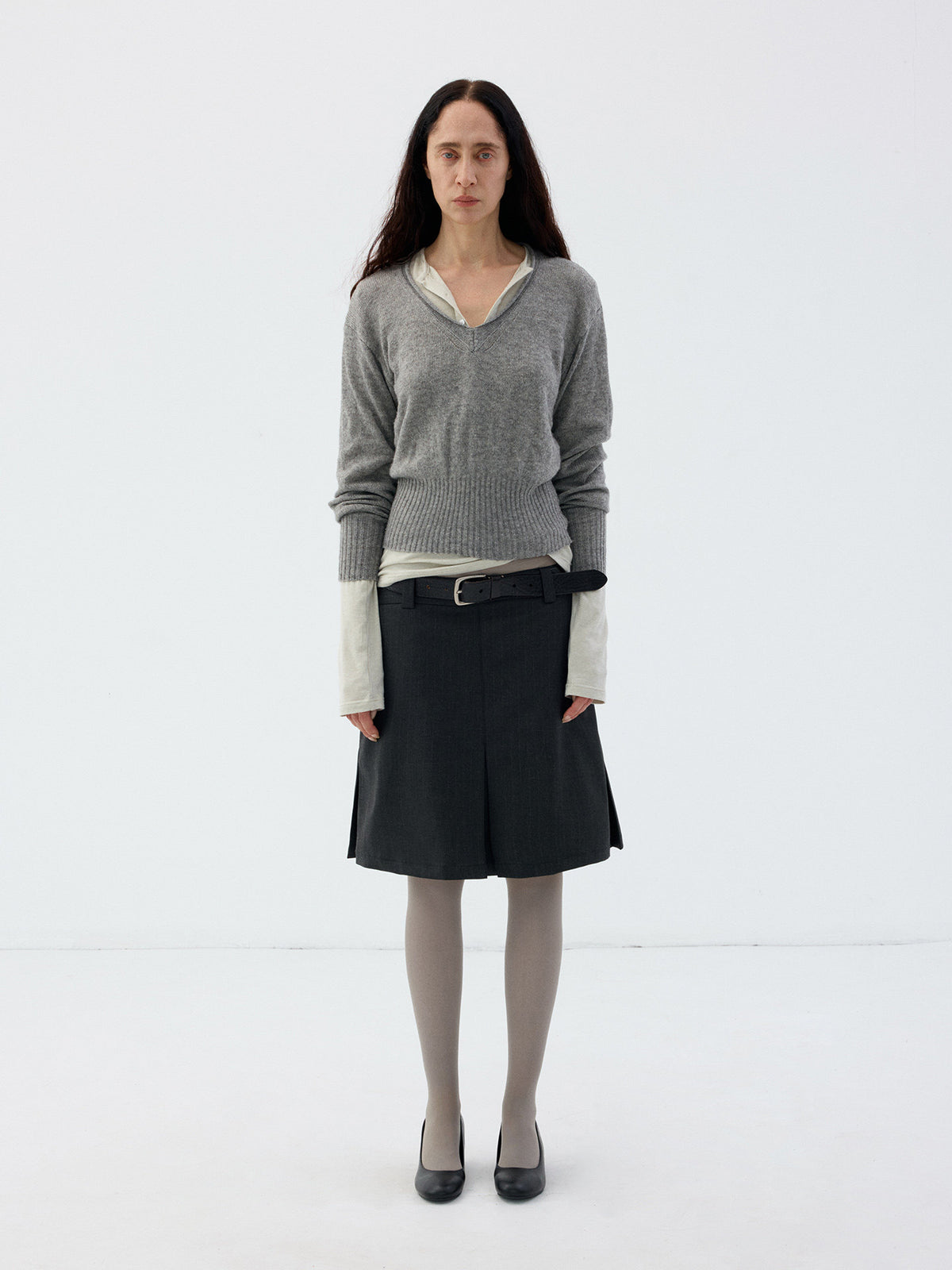 Wool Roll-Sleeve V-Neck Sweater