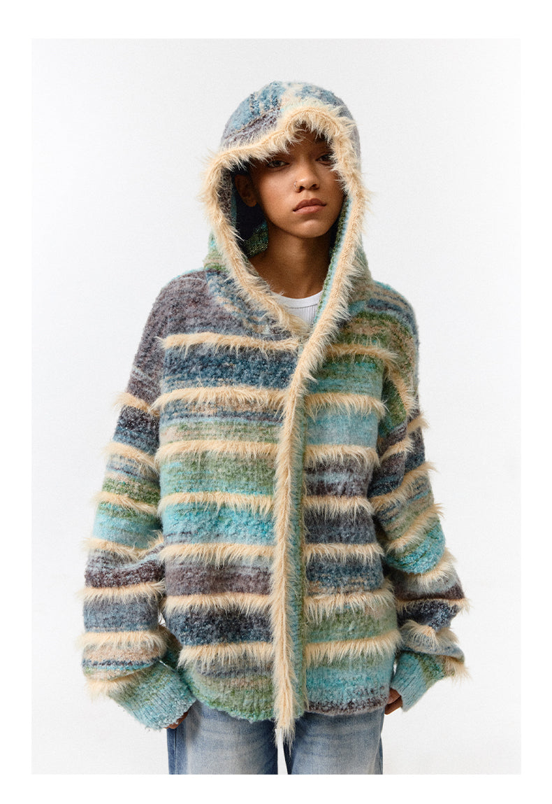 Gradient Stripe Hooded Knit Jacket