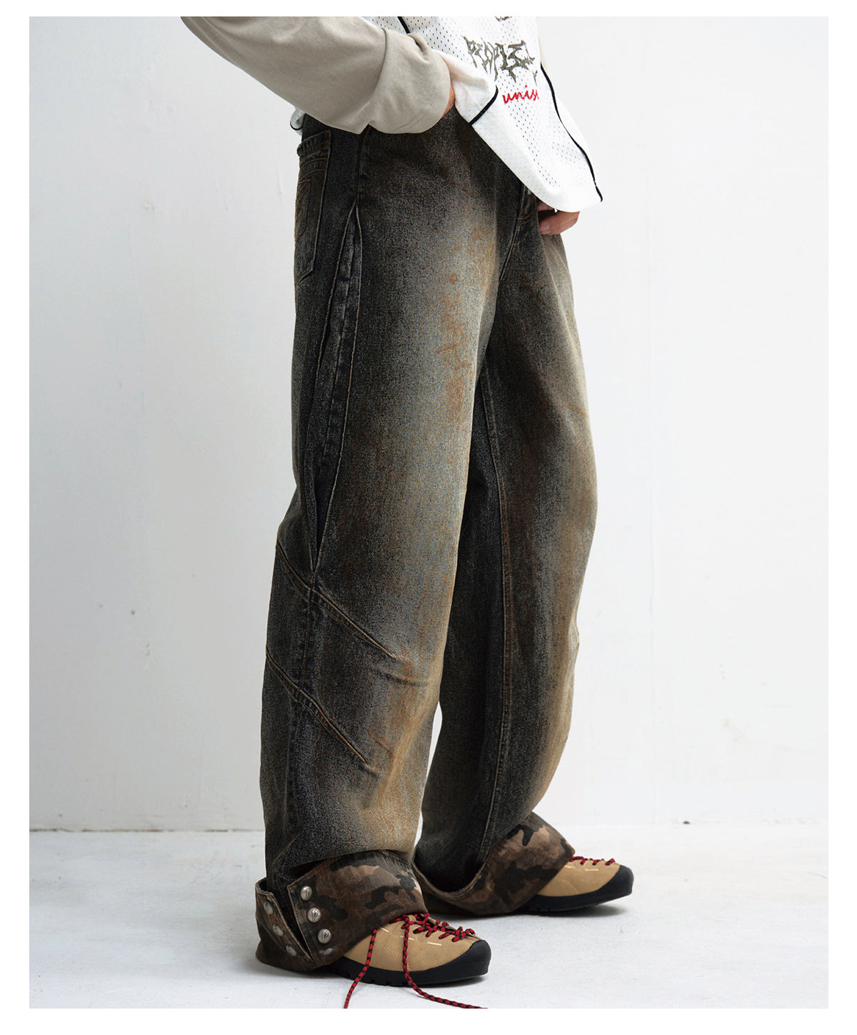 Mud-dyed spliced straight jeans