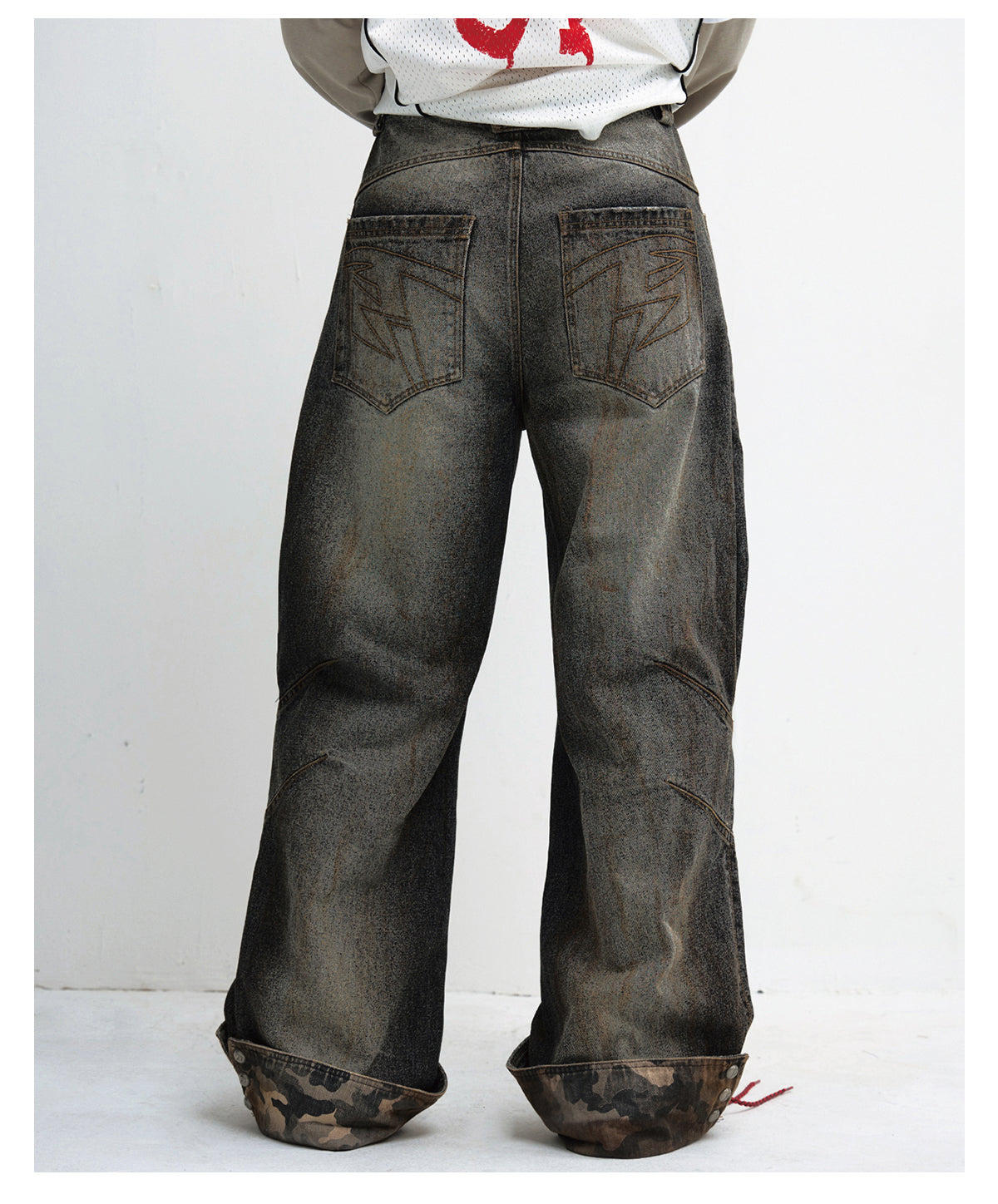 Mud-dyed spliced straight jeans