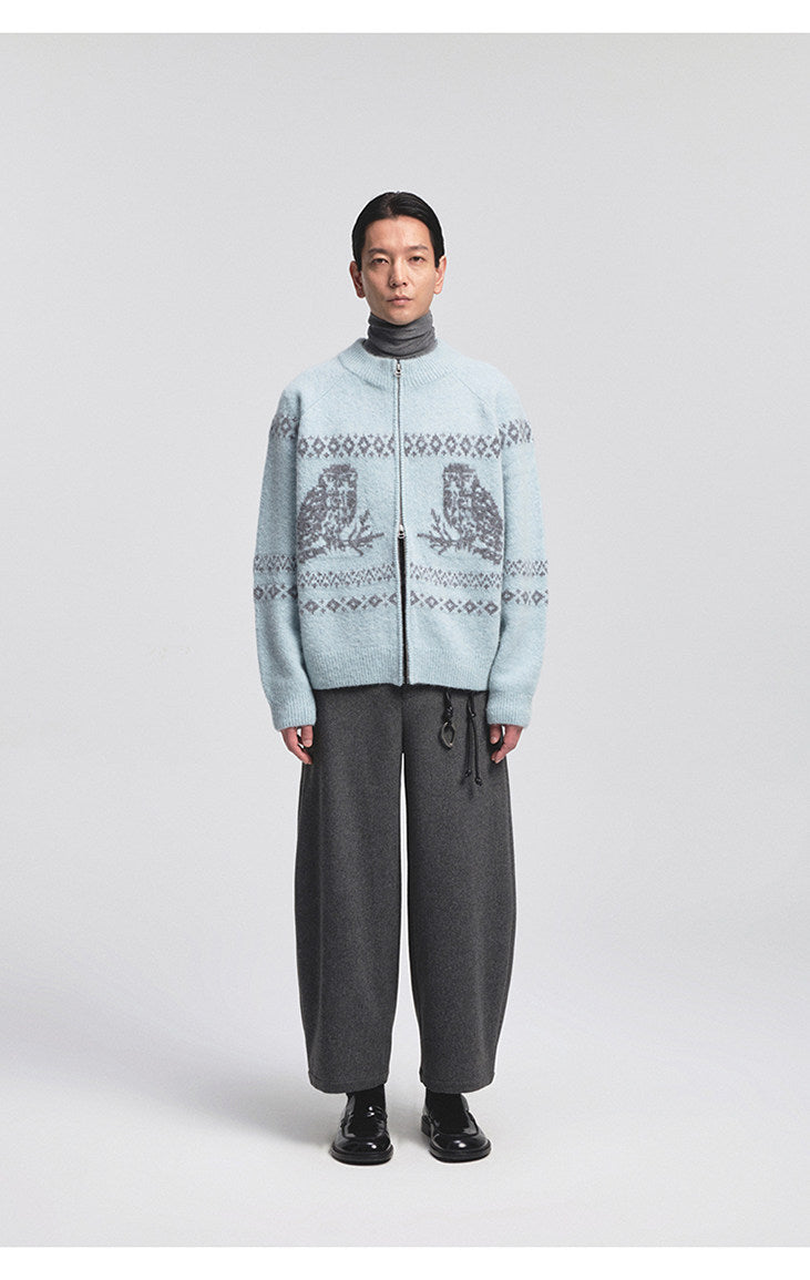 Vintage Animal Jacquard Zipper Cardigan