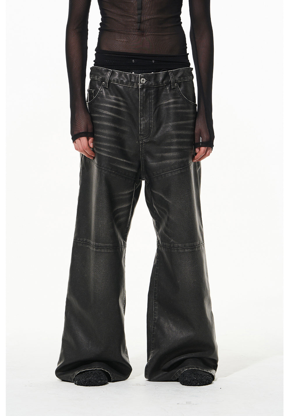 Damaged Washed Lace-up Leather Pants