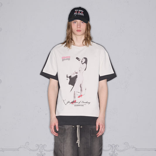 Color block print loose T-shirt