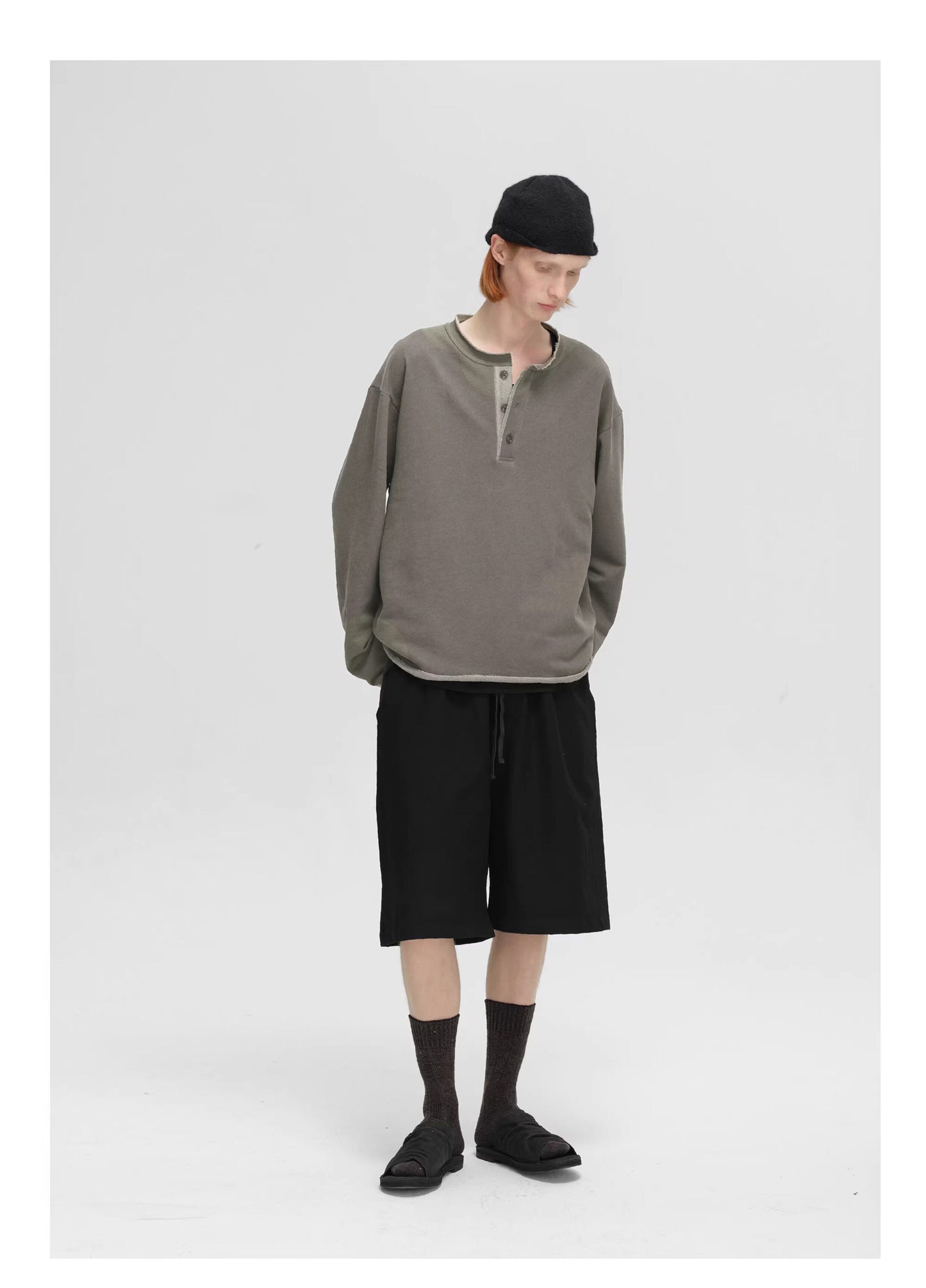 Washed Cotton Henley Neck T-shirt