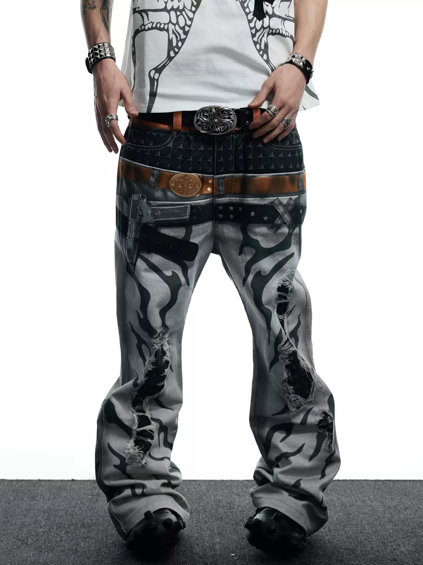 Double-Waistband Straight-Leg Flared Jeans