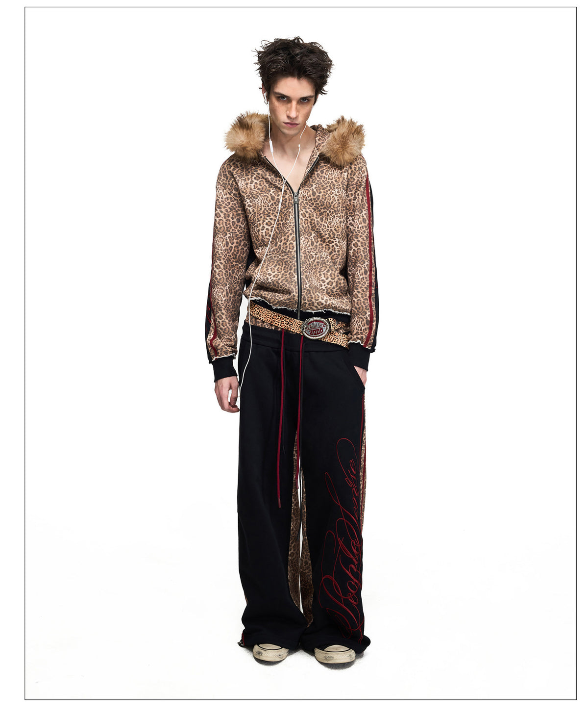 Leopard-Print Patchwork Double-Waist Sweatpants