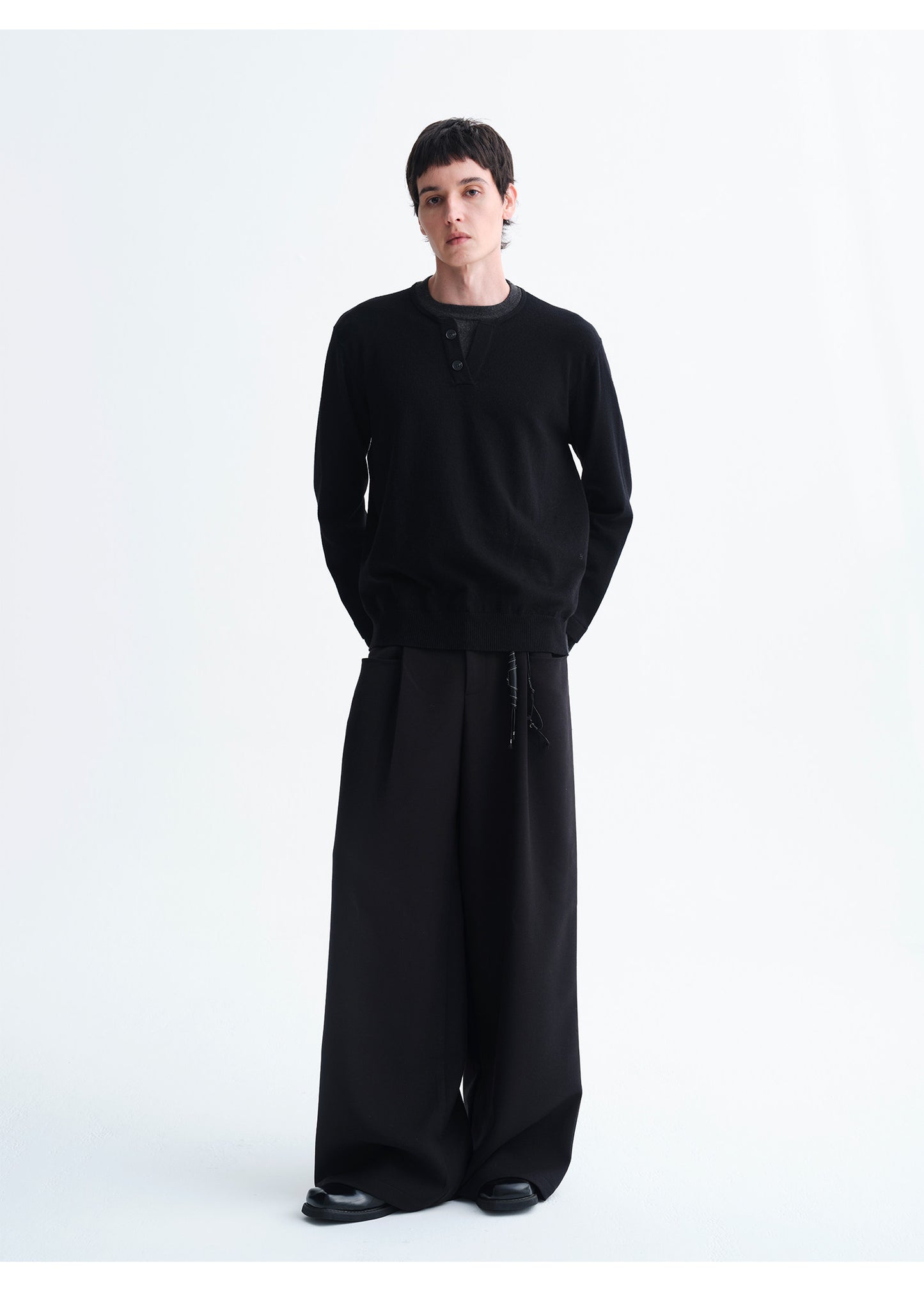 Faux Two-Piece Henley Collar Sweater