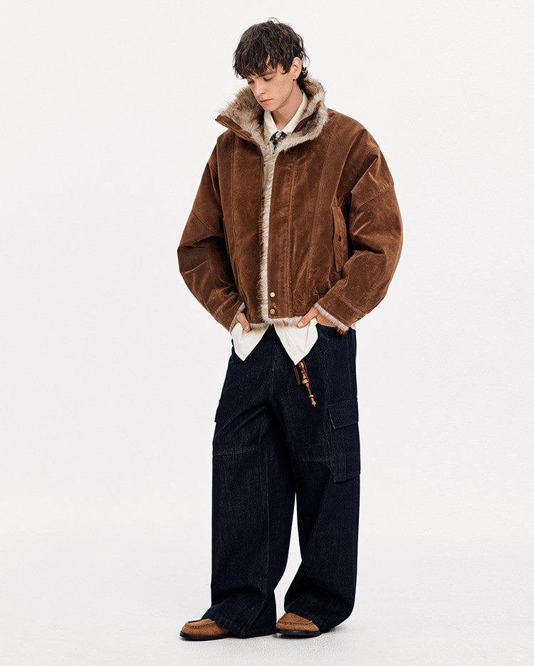 Faux Suede Stand Collar Unisex Jacket