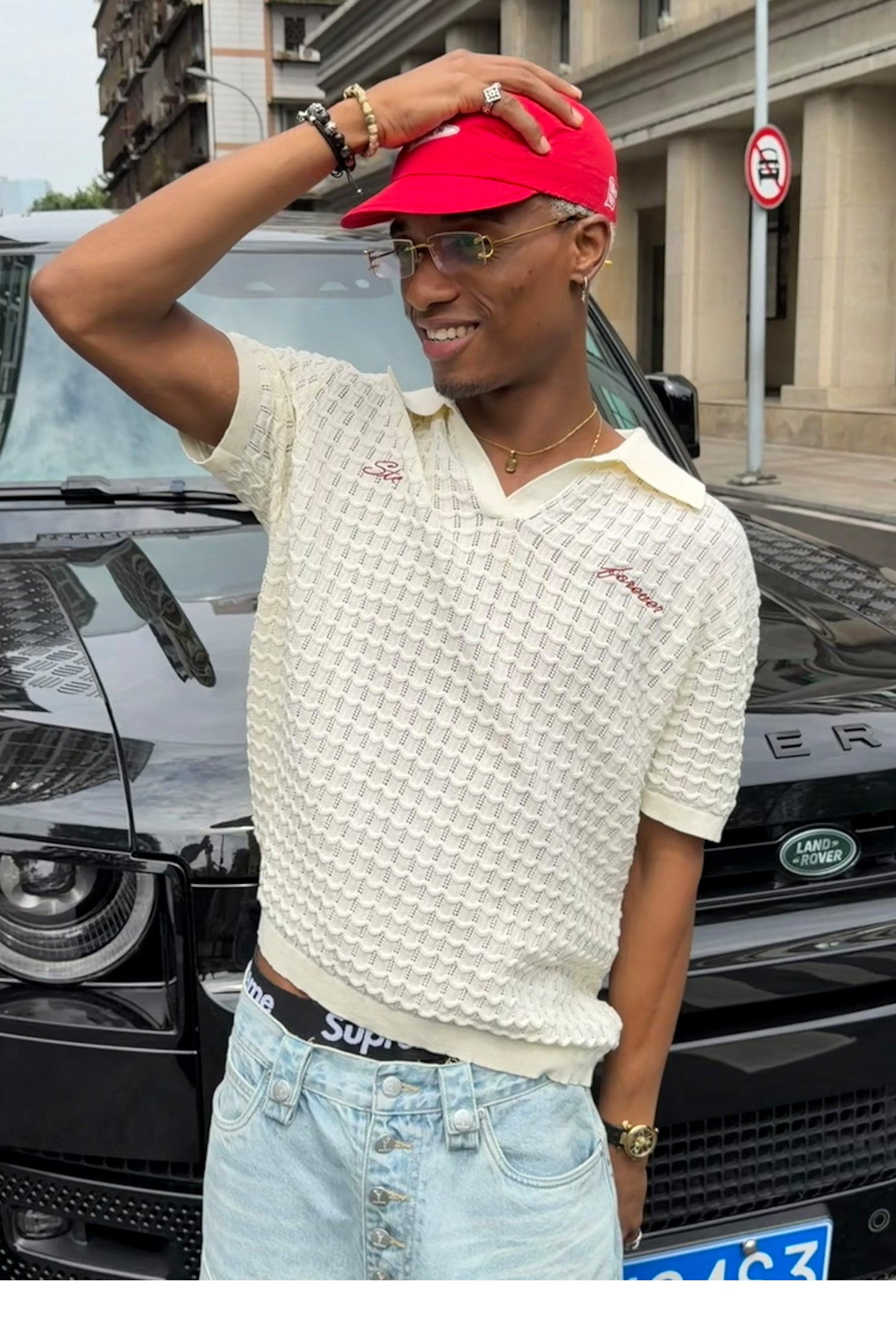 Embroidered Jacquard V-Neck Polo Shirt