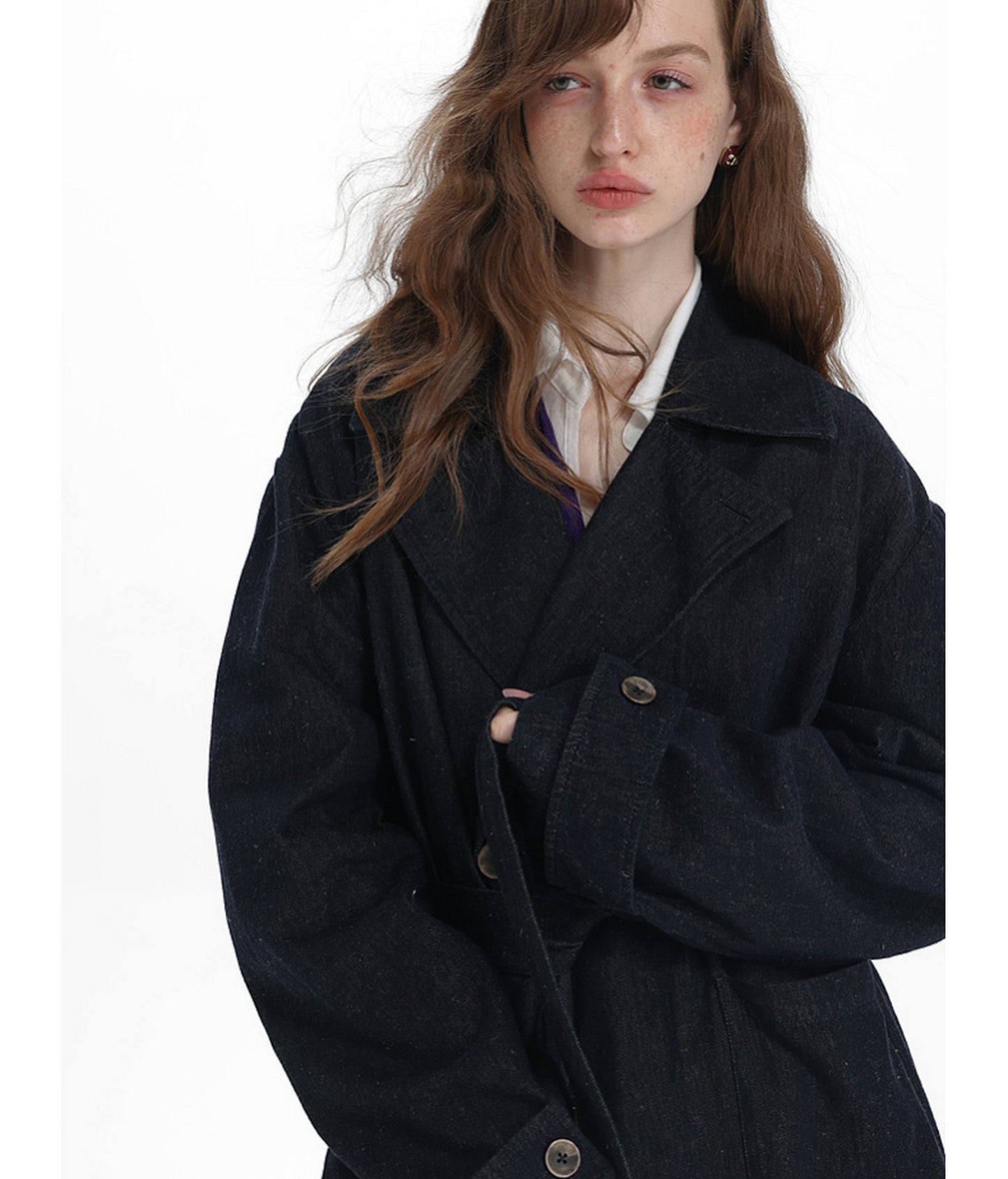 Linen-Blend Denim Trench Coat　