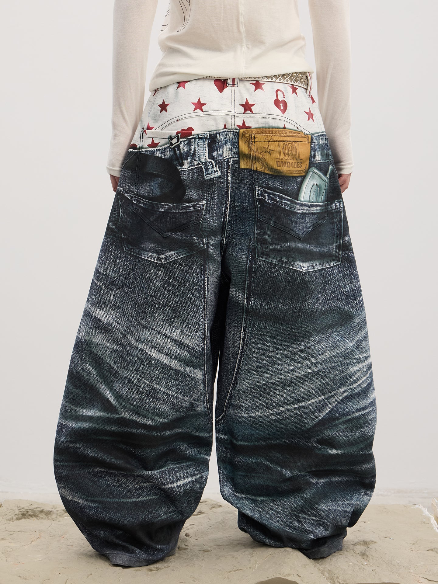 Double-Waistband Printed Jeans