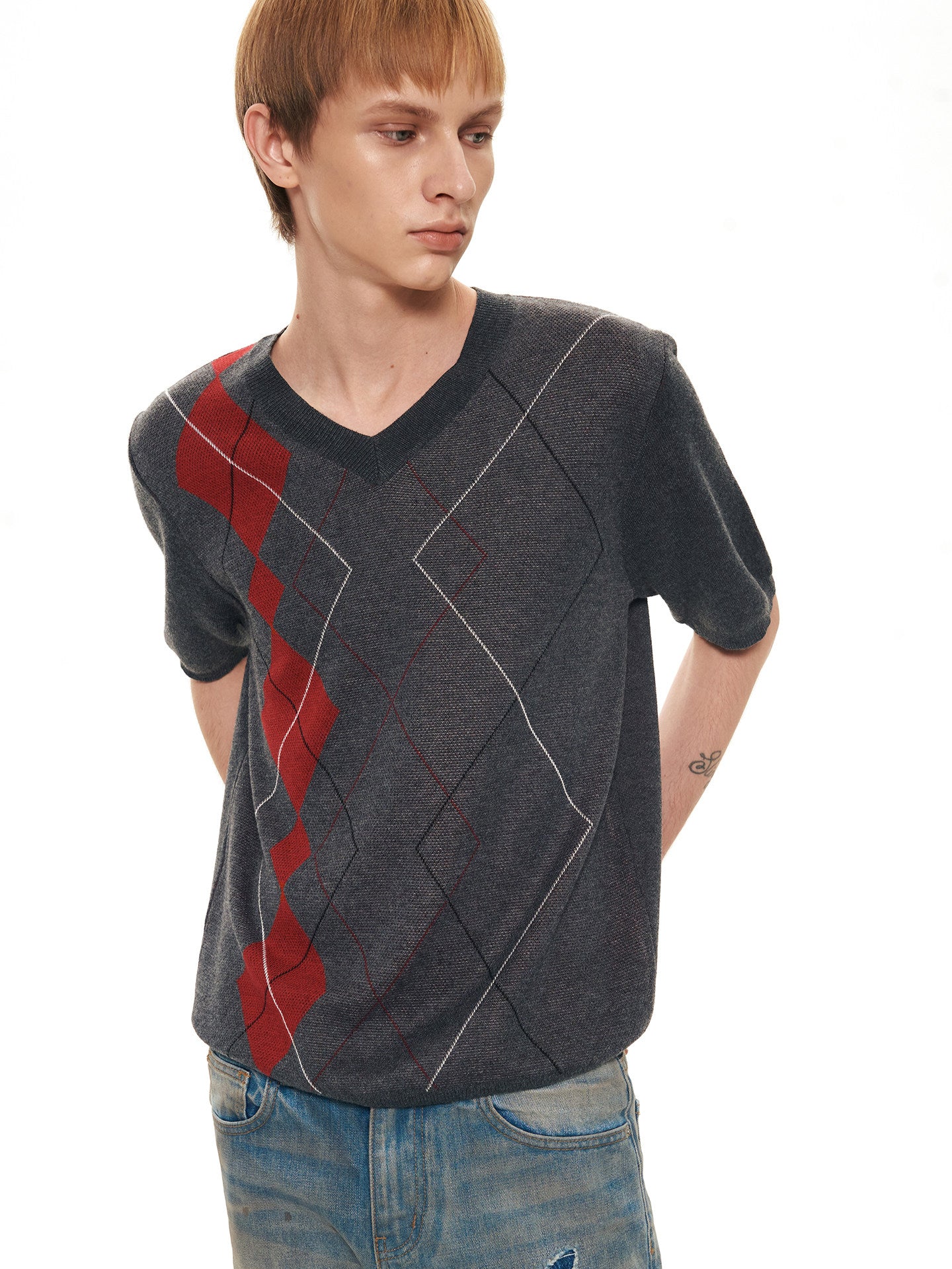 Double-Yarn Patchwork V-Neck Sweater