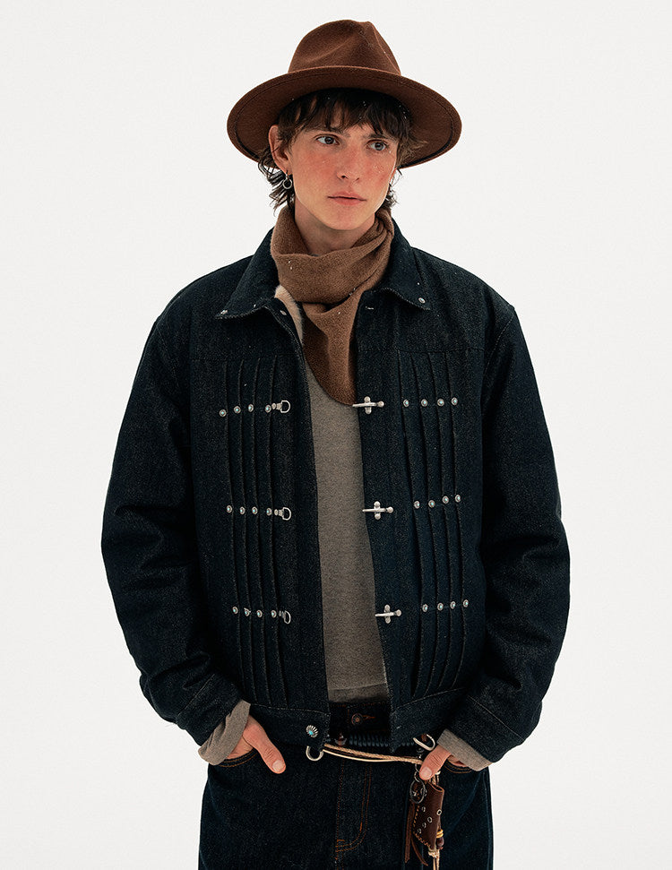 Pleated Airplane Button Denim Jacket