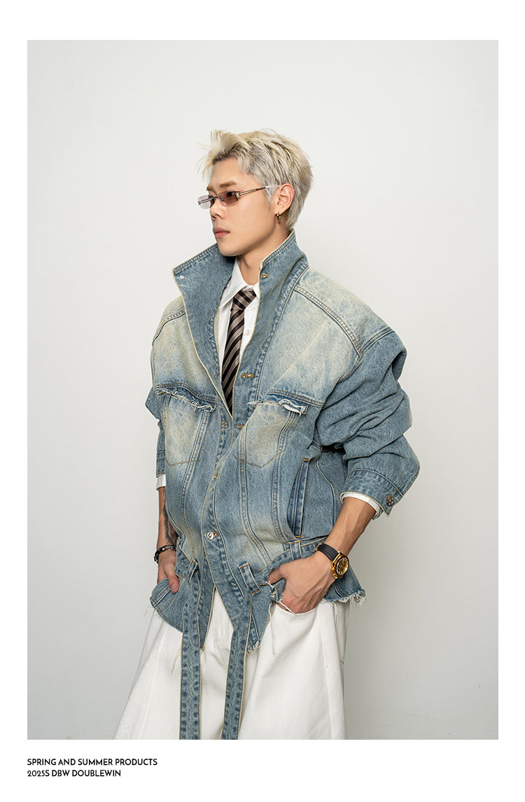 Large Stand Collar Denim Trench Coat