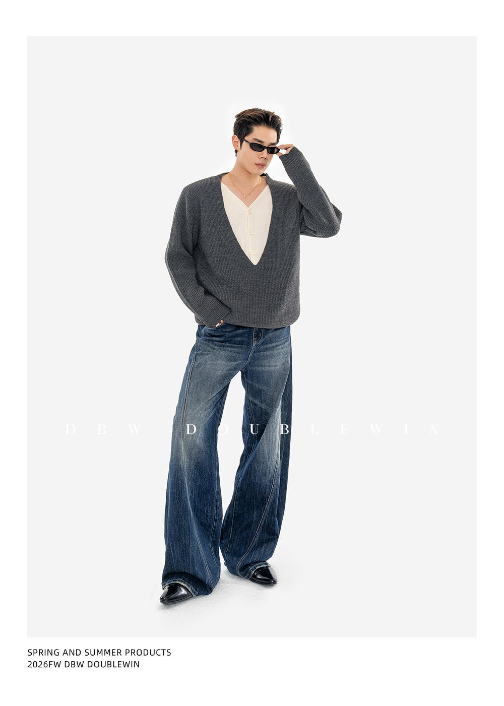 Faux Two-Piece V-Neck Knit Sweater with Shoulder Pads