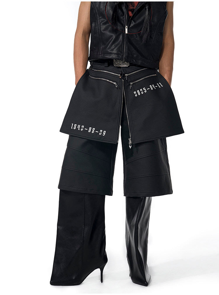 Slogan Print Leather Pants