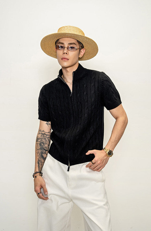 High-neck cable-knit shirt