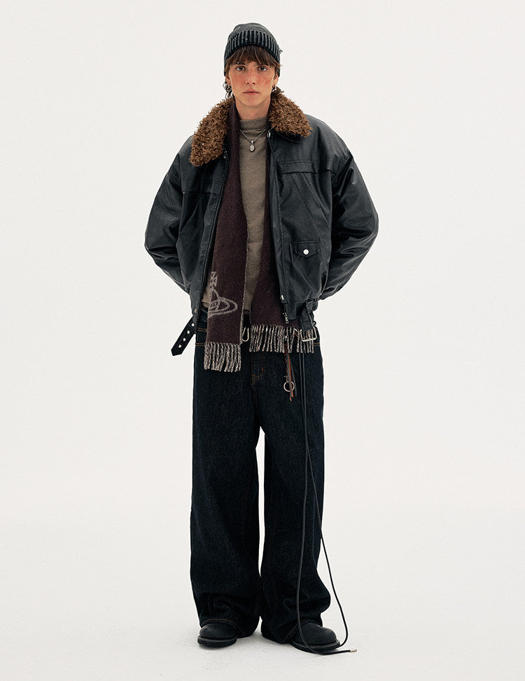 Detachable Fur Collar PU Leather Jacket